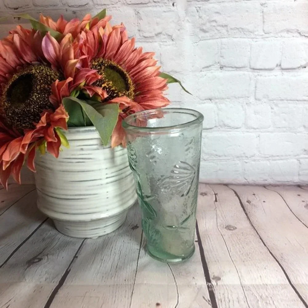 vintage glass vase with beach themed imprints